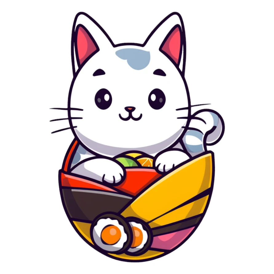 cat sitting in a decorated Easter egg made of sushi, colorful Easter patterns on the sushi egg sticker
