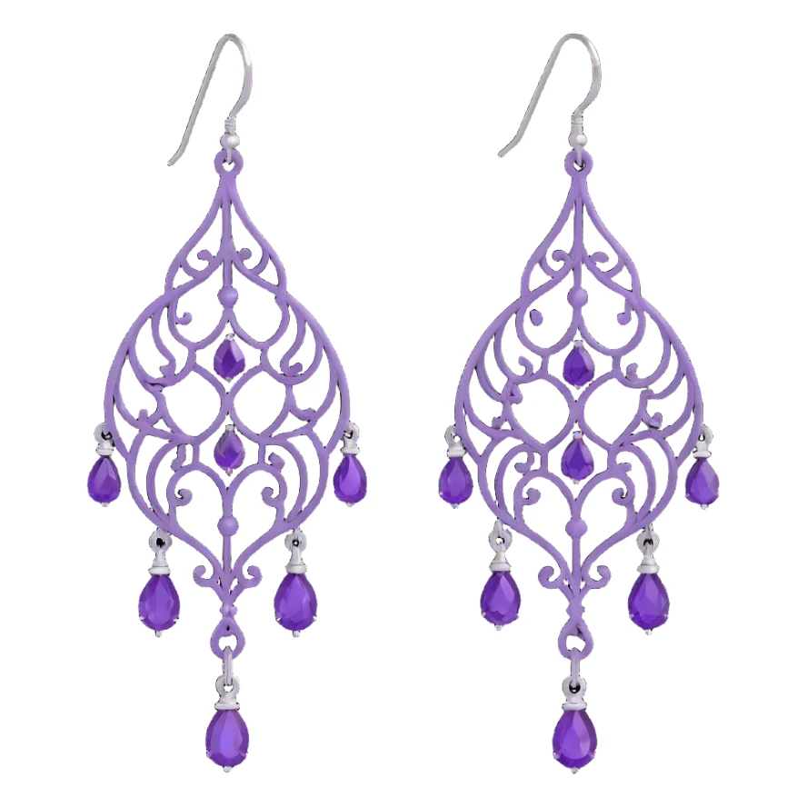 3D emoji-style purple chandelier earrings with intricate filigree, glamorous sticker