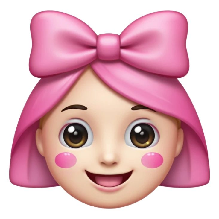 surreal and kawaii emoji face with huge sparkling cartoon eyes, a wide realistic human smile with perfect teeth, pink cheeks, and a big pink bow on its head. The background is transparent. Above the head, the text "kawowiwo-wiwi" is written in a playful, handwritten font sticker