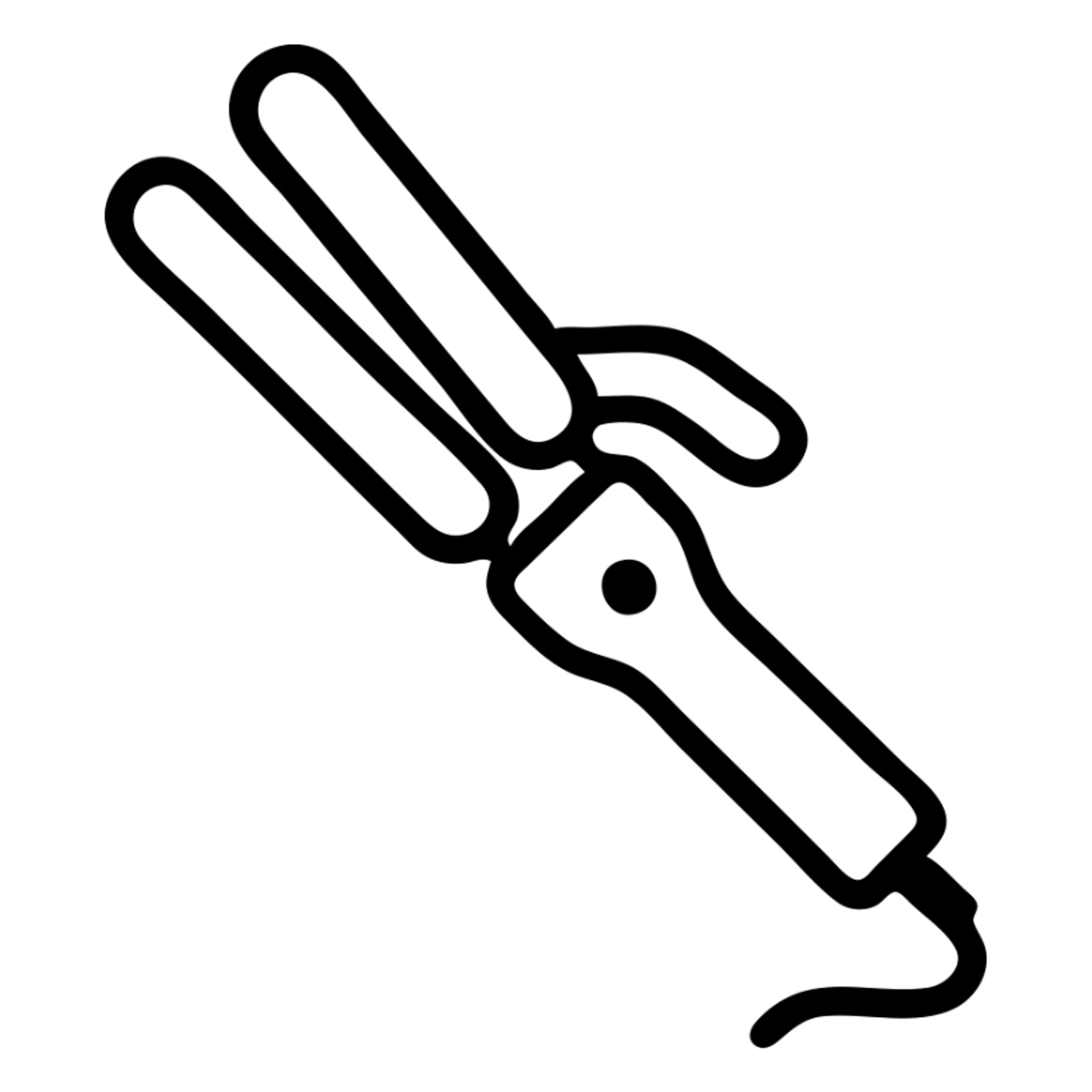 curling iron, slightly open, black base, gold plates, electrical cord, clean icon style sticker