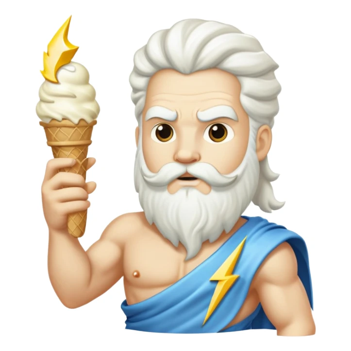 Zeus with a white ice cream cone and a lightning bolt sticker