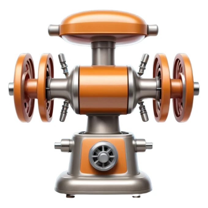 sausage-processing droid. retro-futuristic style. top is a circular industrial meat grinder with rotating gears and blades. Two robotic arms feed material into grinder. Sausage links extrude from the rear like  factory. The body is metallic, compact, and floats above the ground.no legs. Dark humor sticker