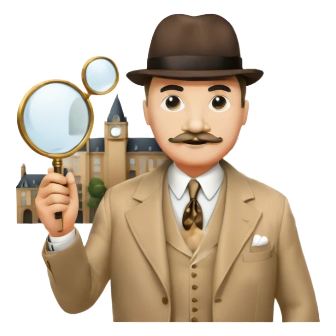 A cinematic-style frame showing Hercule Poirot in his iconic suit with a magnifying glass in a dramatic detective pose. Background should be mysterious city background and subtle clues like fingerprints or a crime scene. Transparent background. sticker