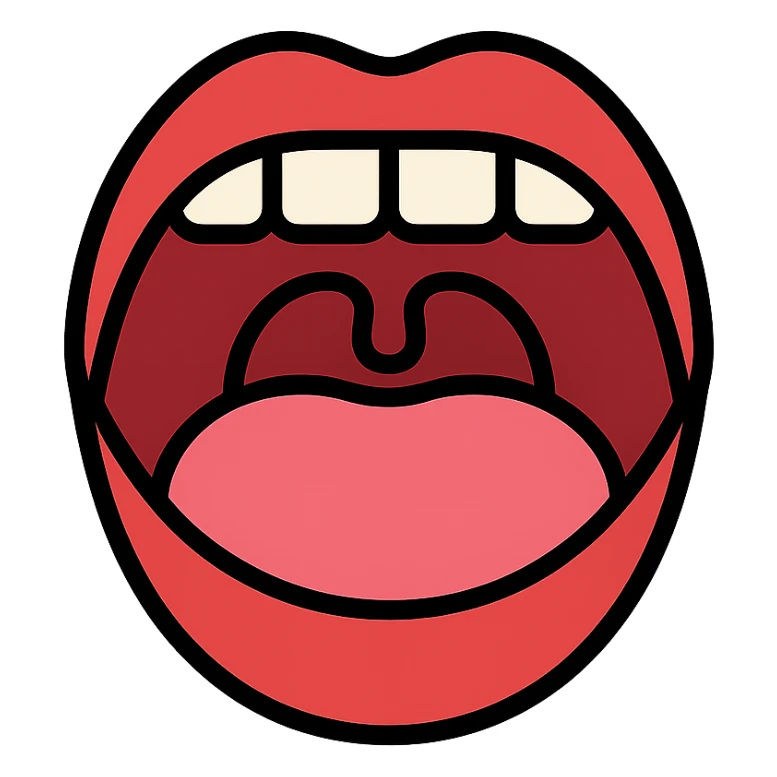 Schematic open mouth with visible tongue, symbolizing speech articulation and sound practice. Vector style, clean and sharp lines. Include realistic shadows and light reflections for depth. Minimalistic, educational design. Transparent background. High contrast between tongue, teeth, and lips for clarity. Flat illustration with soft shading, suitable for speech therapy materials sticker