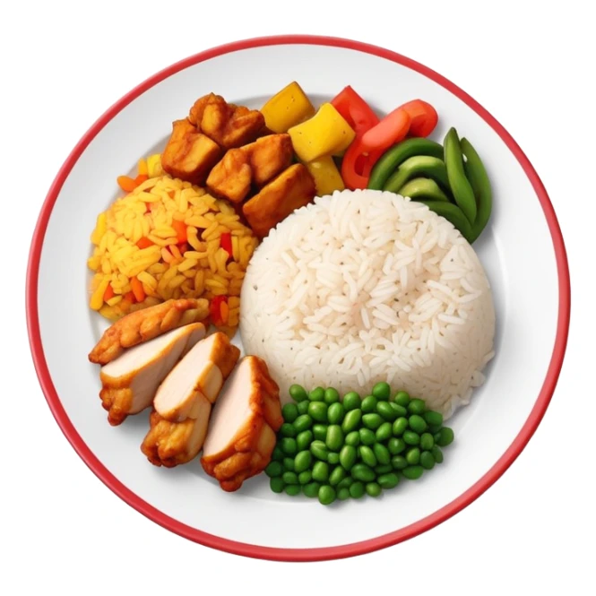 Full meal plate with rice, chicken pieces, and Puerto Rican vegetable mix sticker