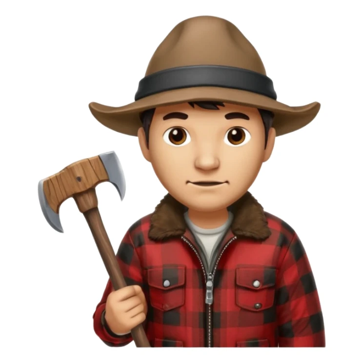 Man wearing buffalo plaid jacket and hat, with an 🪓  sticker