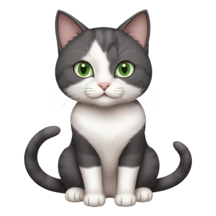 beautiful female solid dark grey cat with green eyes, white toes/paws and white patch on her chest playing sticker