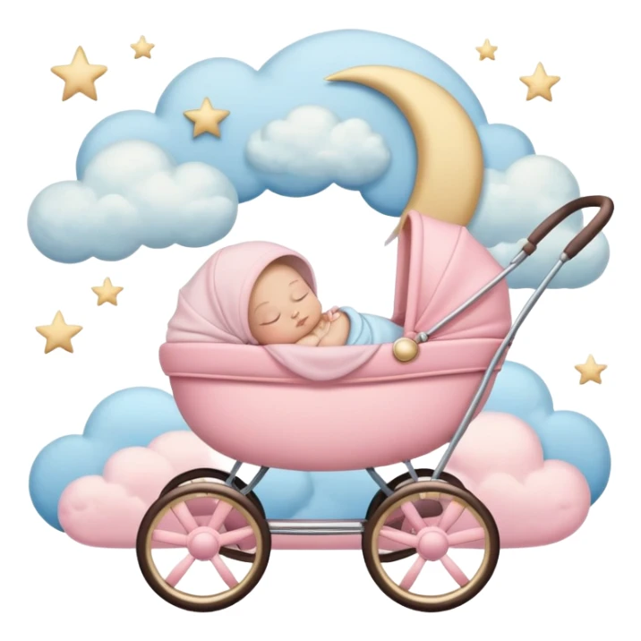 sleeping baby in pink and beige stroller with crescent moon and stars above with pastel blue clouds sticker