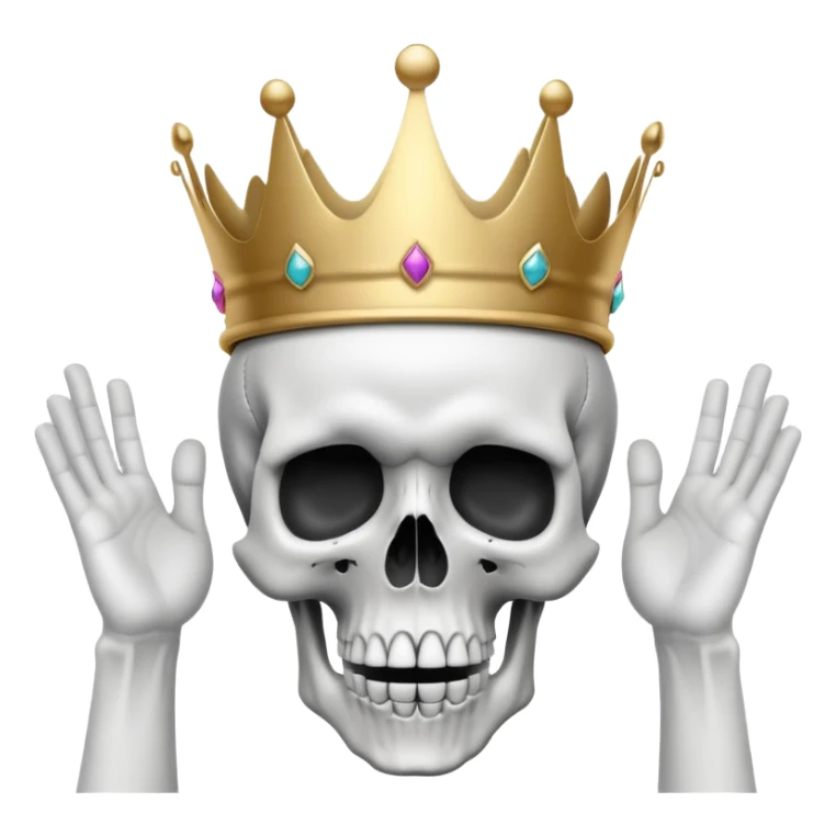A shocked skull with a crown on top, both hands raised pressing on its head in disbelief, black and white sticker