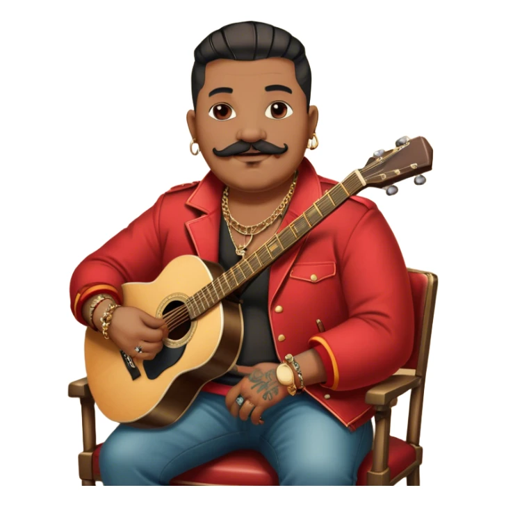 Icon for Chanson: Old fat chanson singer with tattoos and small moustache, red jacket, gold chains and braslettes, sitting on a chair with an acoustic guitar and standing microphone. No earrings. The atmosphere should reflect a nostalgic, soulful vibe with vintage elements. Transparent background. sticker