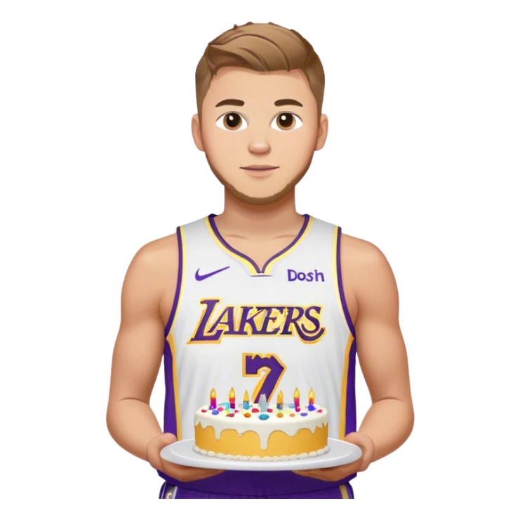 Luka Doncic in lakers jersey holding a birthday cake sticker