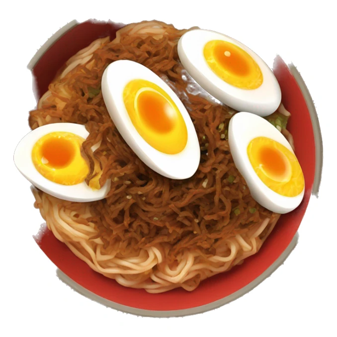 A bowling of red spice buldak noodles with two boiled egg  sticker