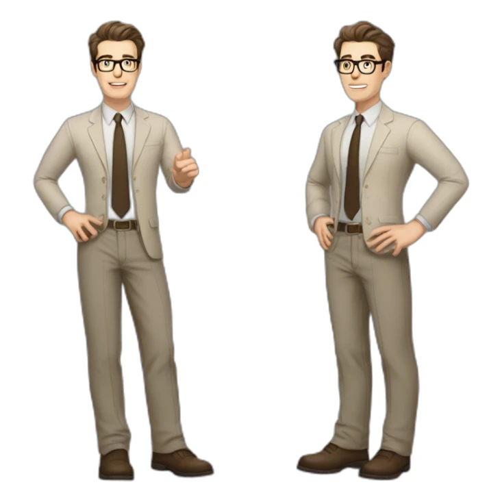 Full height Gesticulating Pale skinned fit man with dark brown hair in gray jacket, beige office shirt, brown tie, brown pants and vintage glasses. sticker