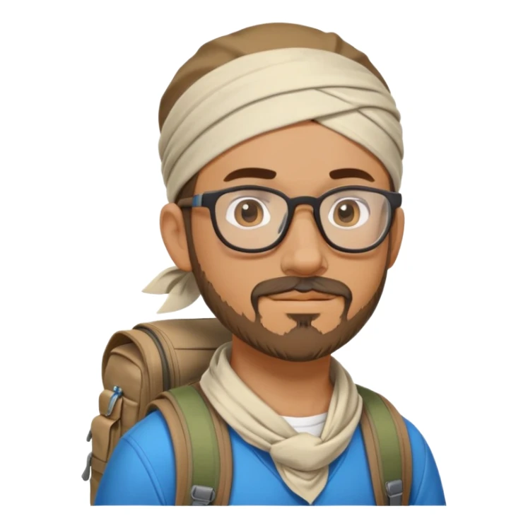 adventurer with goatee beard (no beard on cheeks), short hair, glasses, bandana on head and backpack sticker
