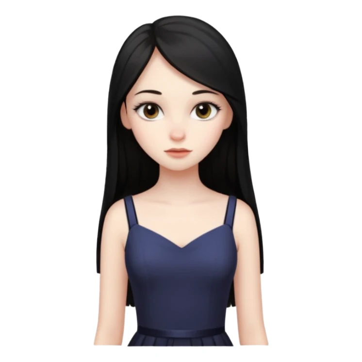 Cabelos pretos longos lisos ,olhos castanhos escuros puxadinho para cima com cílios grandes Pele clara ,nariz pequeno ,lábios mais carnudos ,adolescente 16 anos , com vestido de alinhamento sticker