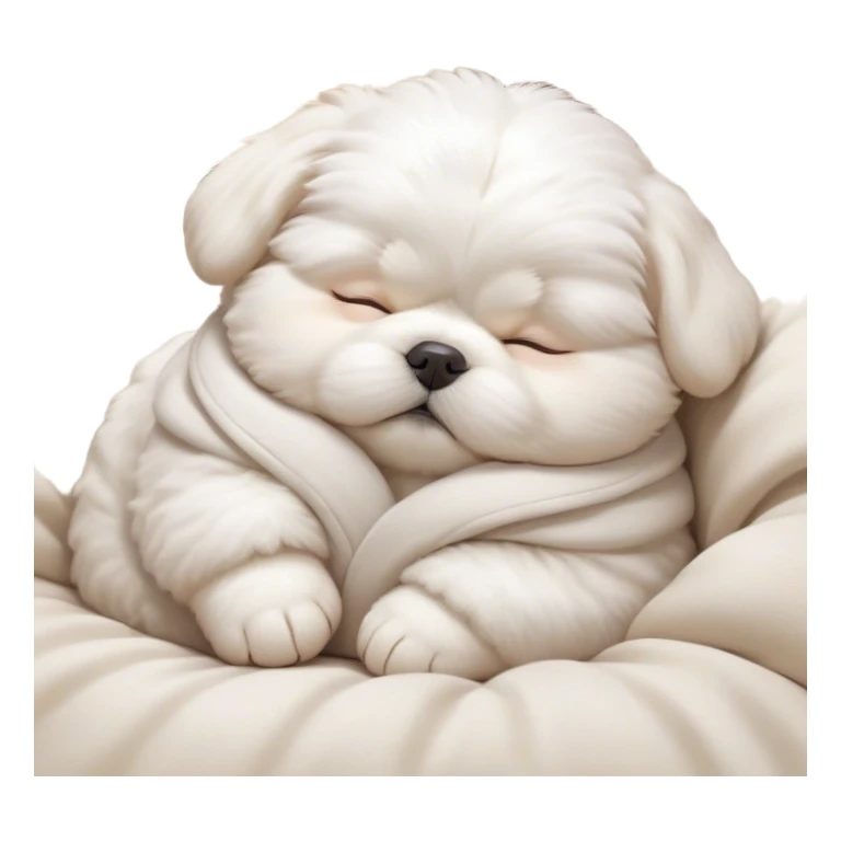 Cinematic Chubby Sleeping Maltese Portrait Emoji, Chubby and serene, with a round, adorable build and a soft, fluffy white coat, eyes gently closed in peaceful slumber, Simplified yet irresistibly endearing features, highly detailed, glowing with a gentle, dreamy glow, high shine, relaxed and content, stylized with a touch of whimsy, bright and heartwarming, soft glowing outline, capturing the essence of a blissfully sleepy companion, so comically serene it feels like it could roll out of the screen and snore with adorable charm! sticker