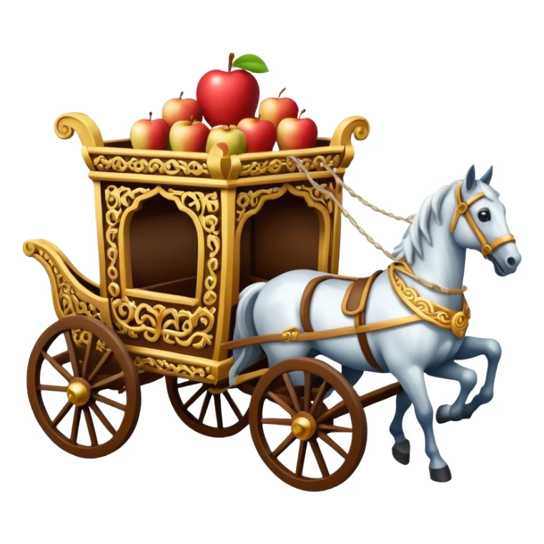 isometric horses pulling an ornate cart, apple emoji style sticker