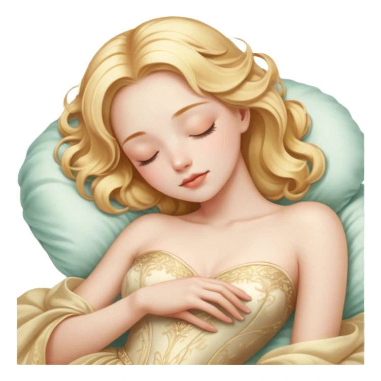 Cinematic Realistic Sleeping Cinderella Portrait, portrayed with exceptional realism: her luminous porcelain skin and exquisitely detailed golden-blonde hair lie softly under the gentle caress of natural light. Her eyes are peacefully closed in a serene, dreamlike slumber, and every fold and shimmer of her iconic ball gown is rendered with painstaking detail. The overall composition radiates a quiet, enchanting glow that encapsulates the timeless, restful beauty of a princess lost in a gentle, magical dream. sticker