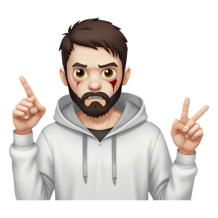 zombie pointing finger, undercut hairstyle with dark brown hair, short full beard, wearing plain white hoodie sticker