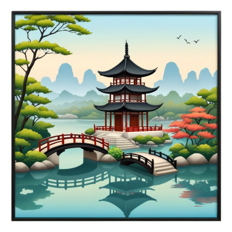 Chinese garden with pagoda and calm water sticker