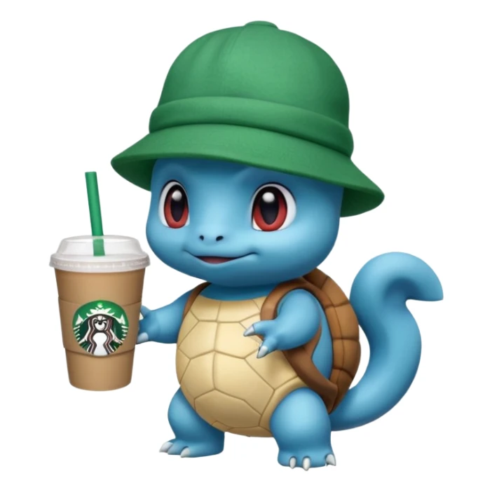 Squirtle with a Starbucks cup and a green hat sticker