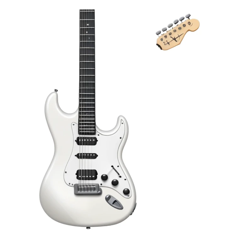 White electric guitar with sleek shiny body, black strings, and smooth neck sticker