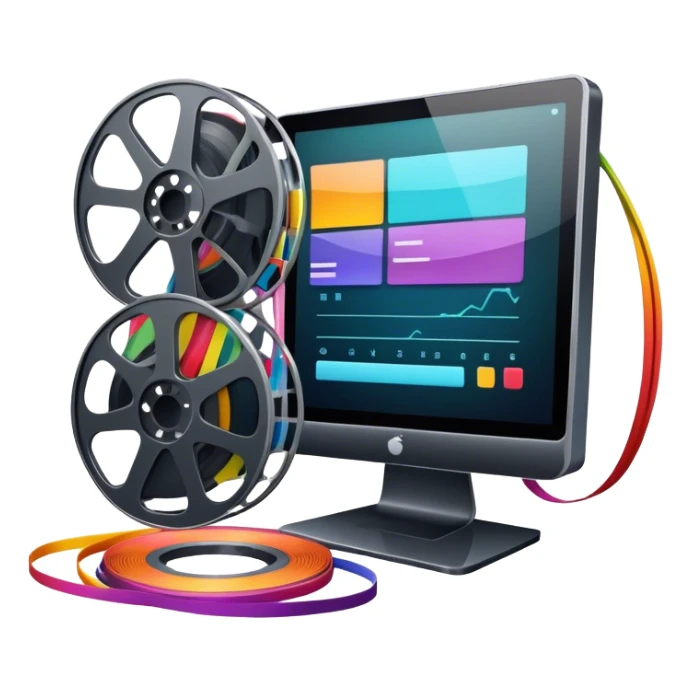 Create a vibrant and modern icon representing Animation and Motion Design, featuring elements like a film reel, a computer screen, dynamic motion lines, and a cinematographic film strip on an editing table. The design should be colorful, and dynamic, without any emojis. The background's transparent. sticker