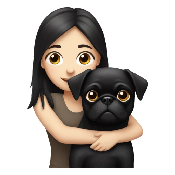 A white girl with black hair hugging a black pug dog sticker