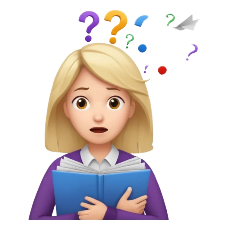 A kindergardenteacher with an overwhelmed expression, surrounded by flying papers and three question marks. sticker