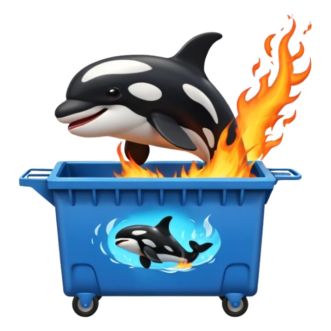 3d Cartoon orca coming out of a dumpster on fire sticker