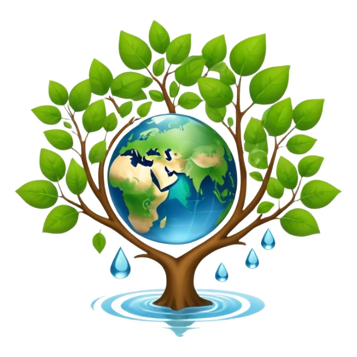 An icon featuring a tree, a recycling symbol, and a globe, representing ecology. The design includes green leaves, a water droplet, and wildlife, symbolizing the study of ecosystems, sustainability, and environmental protection. Transparent background. sticker