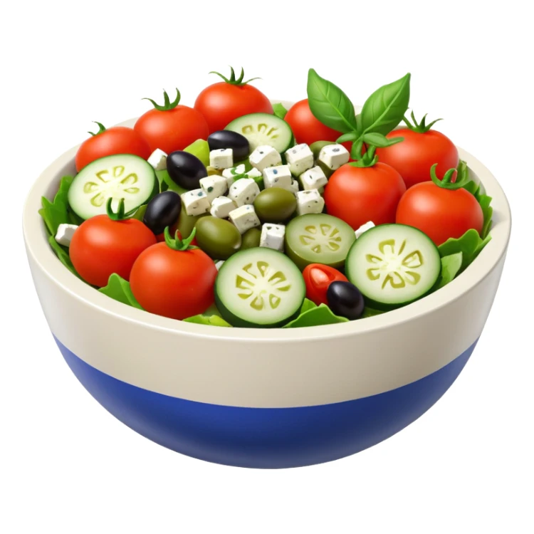 mediterranean salad bowl object icon, tomatoes, cucumbers, olives, feta cheese, olive oil dressing, 3D cartoon, mobile game icon style, clean background, no text, no watermark
 sticker