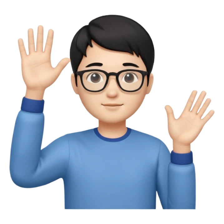 3D avatar of a Korean male frontend developer,
soft friendly expression,
short black hair with middle part,
one hand raised as if explaining,
clean and minimal style sticker