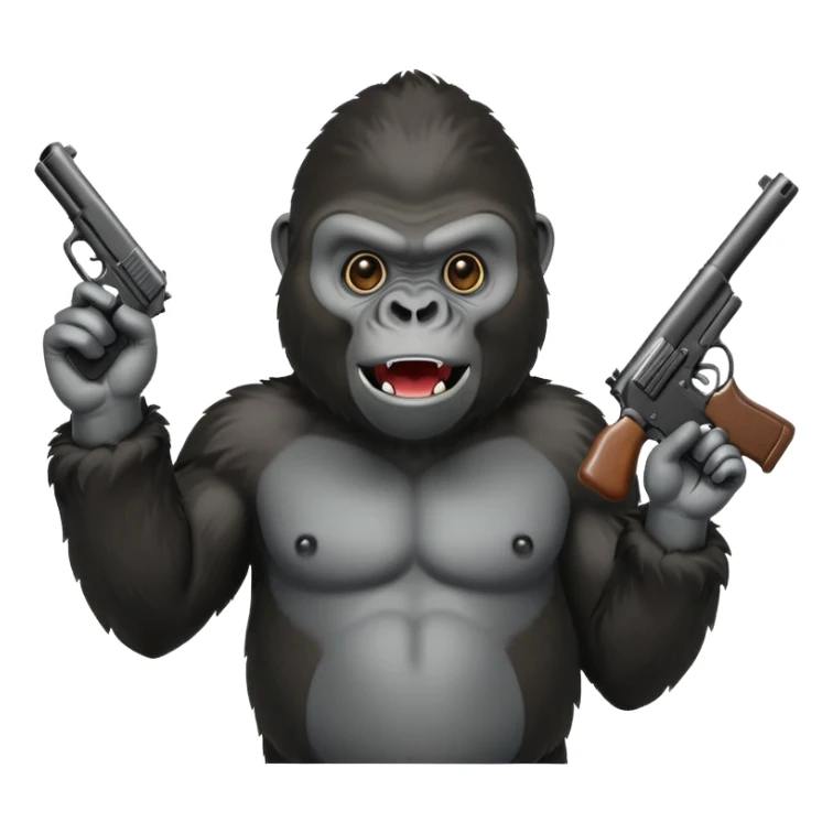 A gorilla holding a gun in the air making a silly face sticker