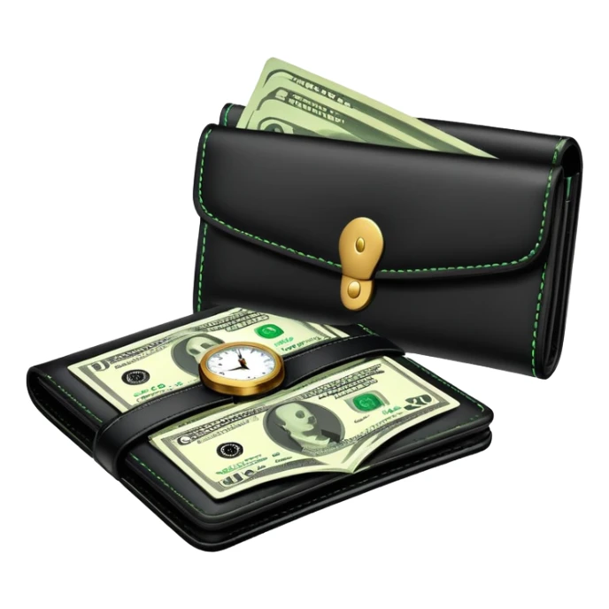black wallet with green dollar bills visible inside and a small clock in top right corner positioned over the wallet sticker