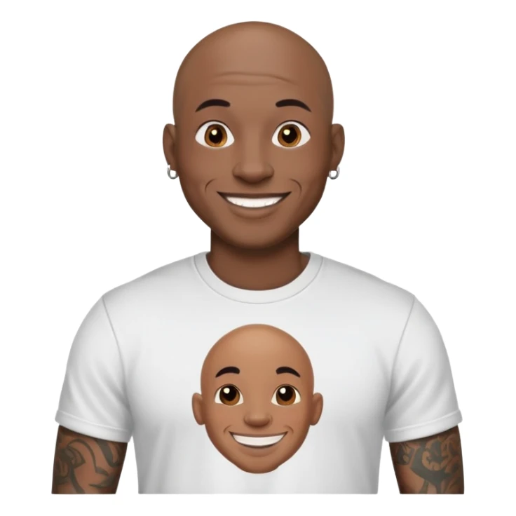 bald black man with full face tattoos, smiling, wearing a t-shirt sticker