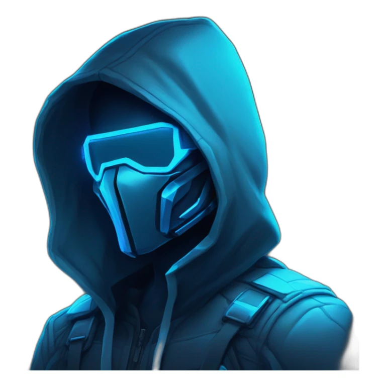 Side view developer behind his laptop with this style : Riot Games Valorant neon glowing bright blue character blue black hooded assassin themed character sticker