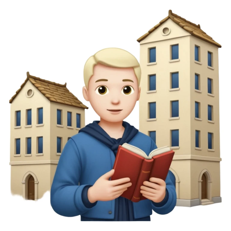a man in clan clothes reads a book and twists a building in his hand  sticker