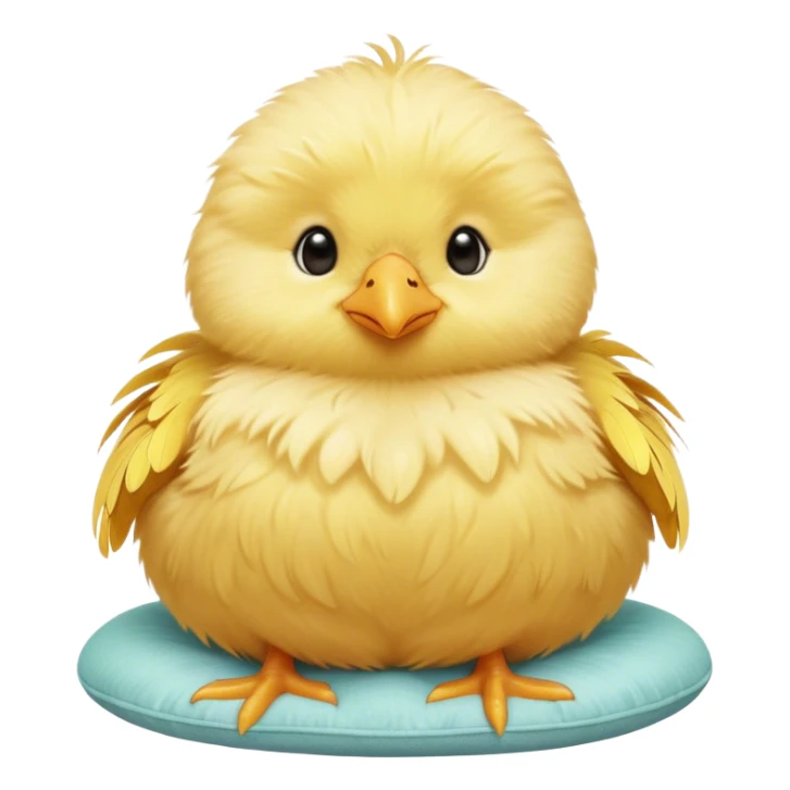 Cinematic round fluffy chick, golden yellow, tiny beak and feet, soft downy feathers, sparkling gentle eyes, sitting on a pastel-colored cushion, radiating warmth and sweetness. sticker