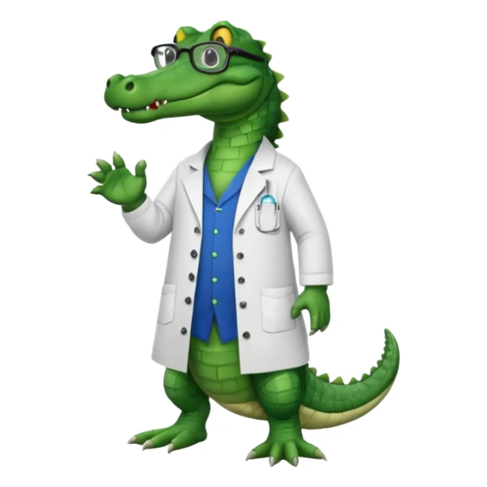 full body of alligator wearing lab coat and glasses, front view sticker