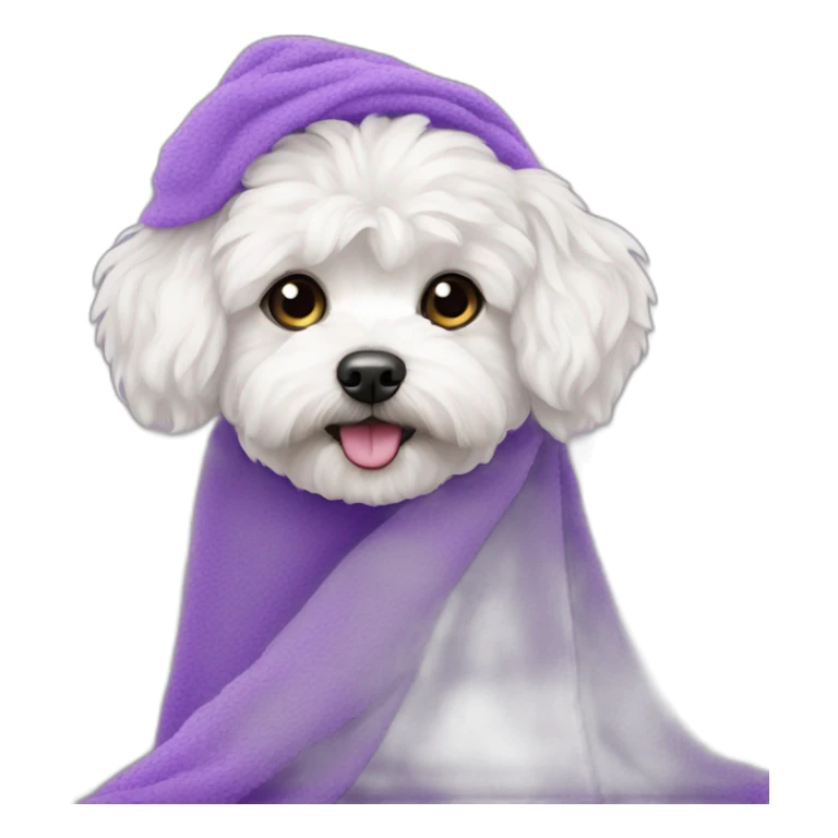White maltipoo with purple towel sticker