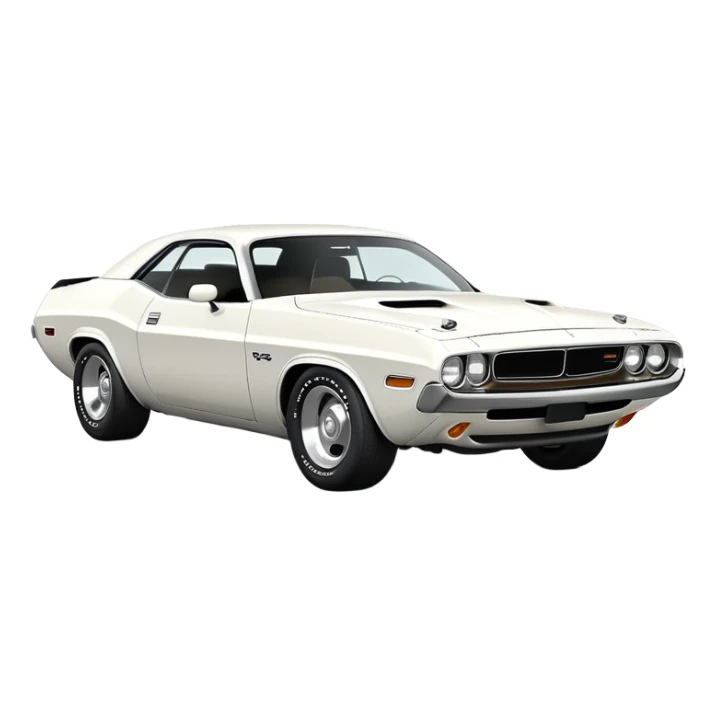 All-white 1971 Dodge Challenger, three-quarter view at 30-degree angle, showing partial front and side, minimalist iOS emoji style, no stripes or decorations, pure white sticker