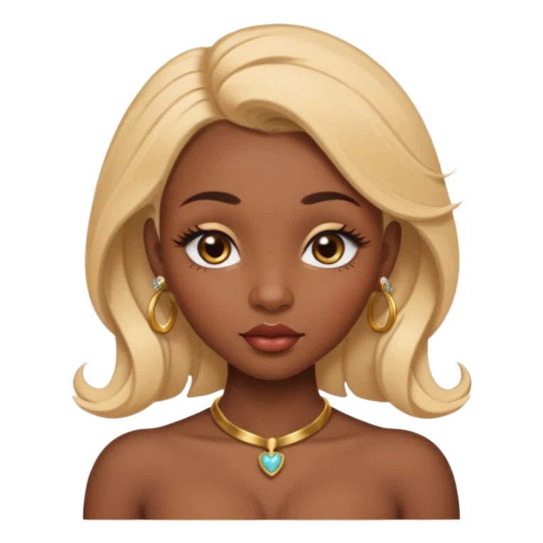 darkskin female with eyebrows that are naturally shaped and frame eyes well, eyes that are almond-shaped with defined lashes. nd lips are full with a defined cupid’s bow, add also a septum piercing that adds an edgy, stylish flair. a middle-part, honey blonde bust-down with laid baby hairs sticker