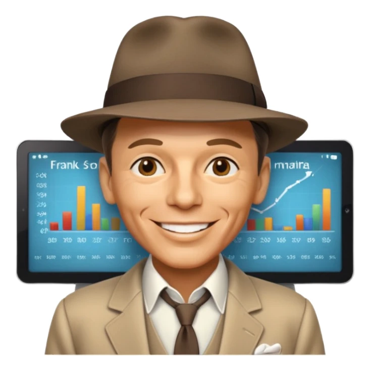 Frank Sinatra with the hat on, smiling and showing data analytics on a screen in the background sticker