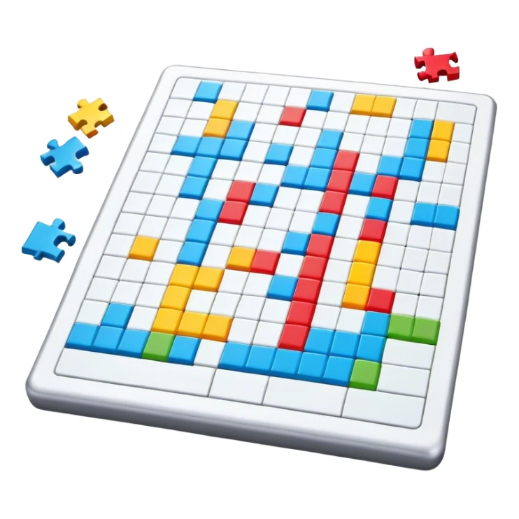A photorealistic icon with a crossword magazine, a 3D puzzle and a partially completed puzzle on a table. Bright, detailed design with realistic lighting. Transparent background, clearly symbolizing puzzles and brain games. sticker
