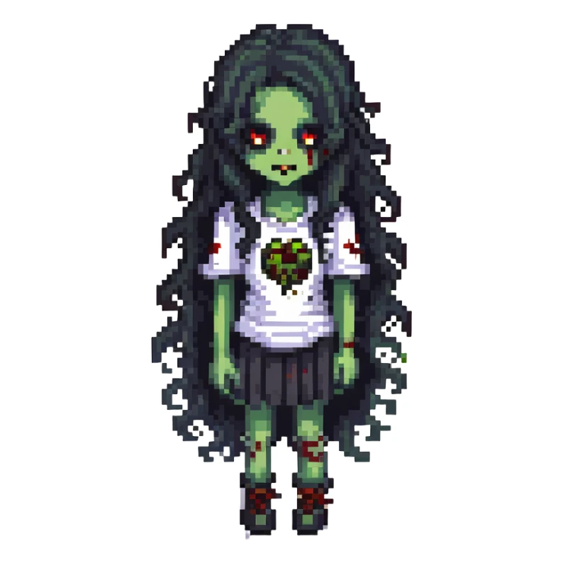 girl zombie with black long curly hair, emo style sticker