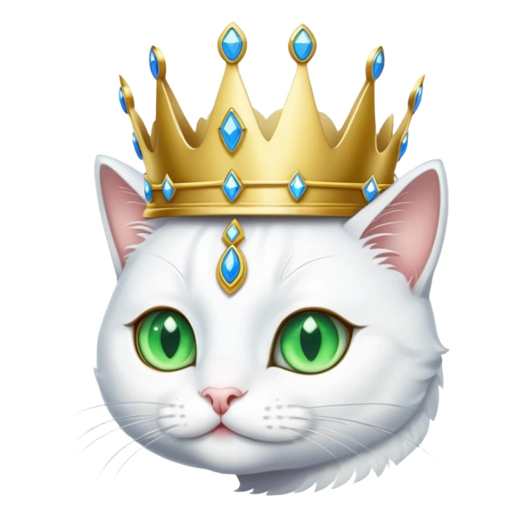 white cat with one green eye and one blue eye, wearing a princess crown sticker