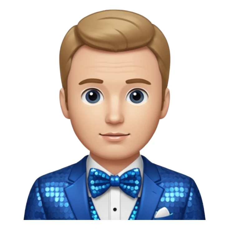 Chris Evans with dark blonde hair, blue sequin suit with bow tie sticker