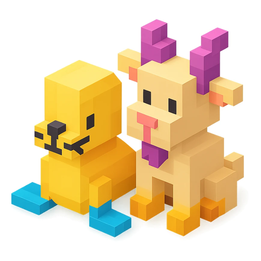 a seal and a goat sitting together, Roblox avatar style, 3D look sticker