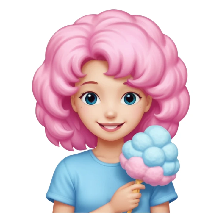 A girl hugging a big cotton candy puff with bright smile sticker